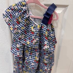 Mayoral Blue Gingham Floral one shoulder Romper with Ruffle